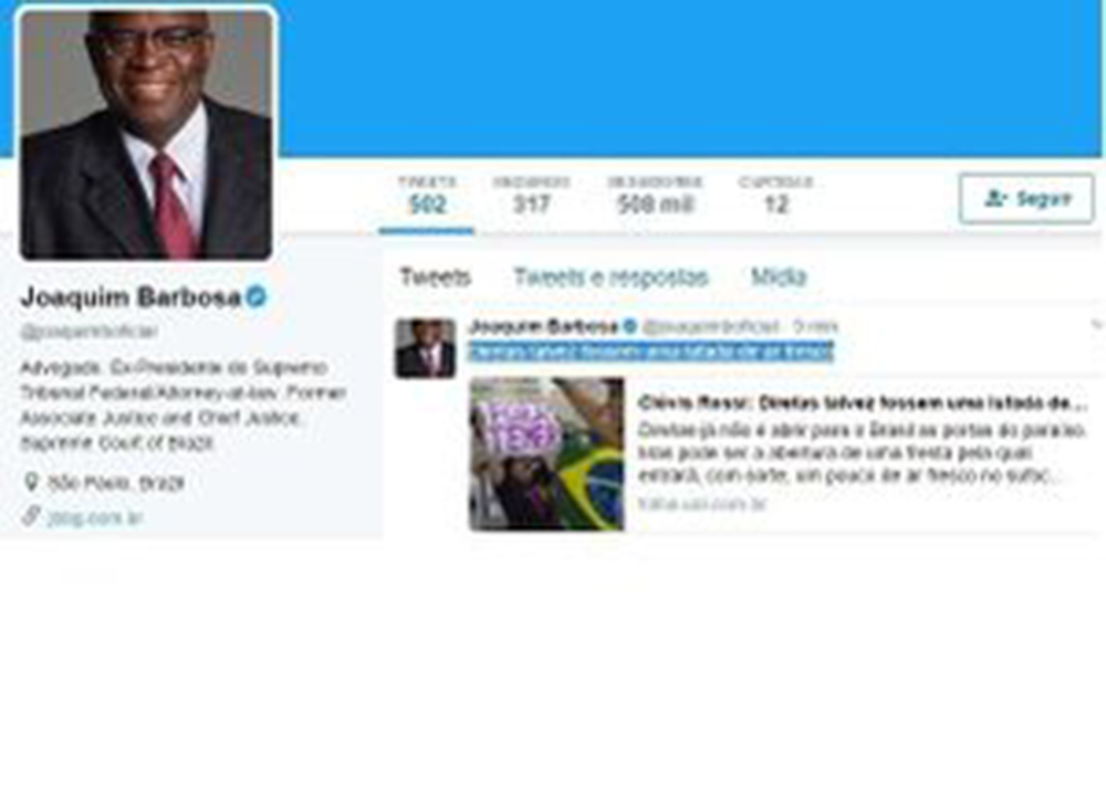 Joaquim Barbosa defende eleições diretas em seu perfil no Twitter