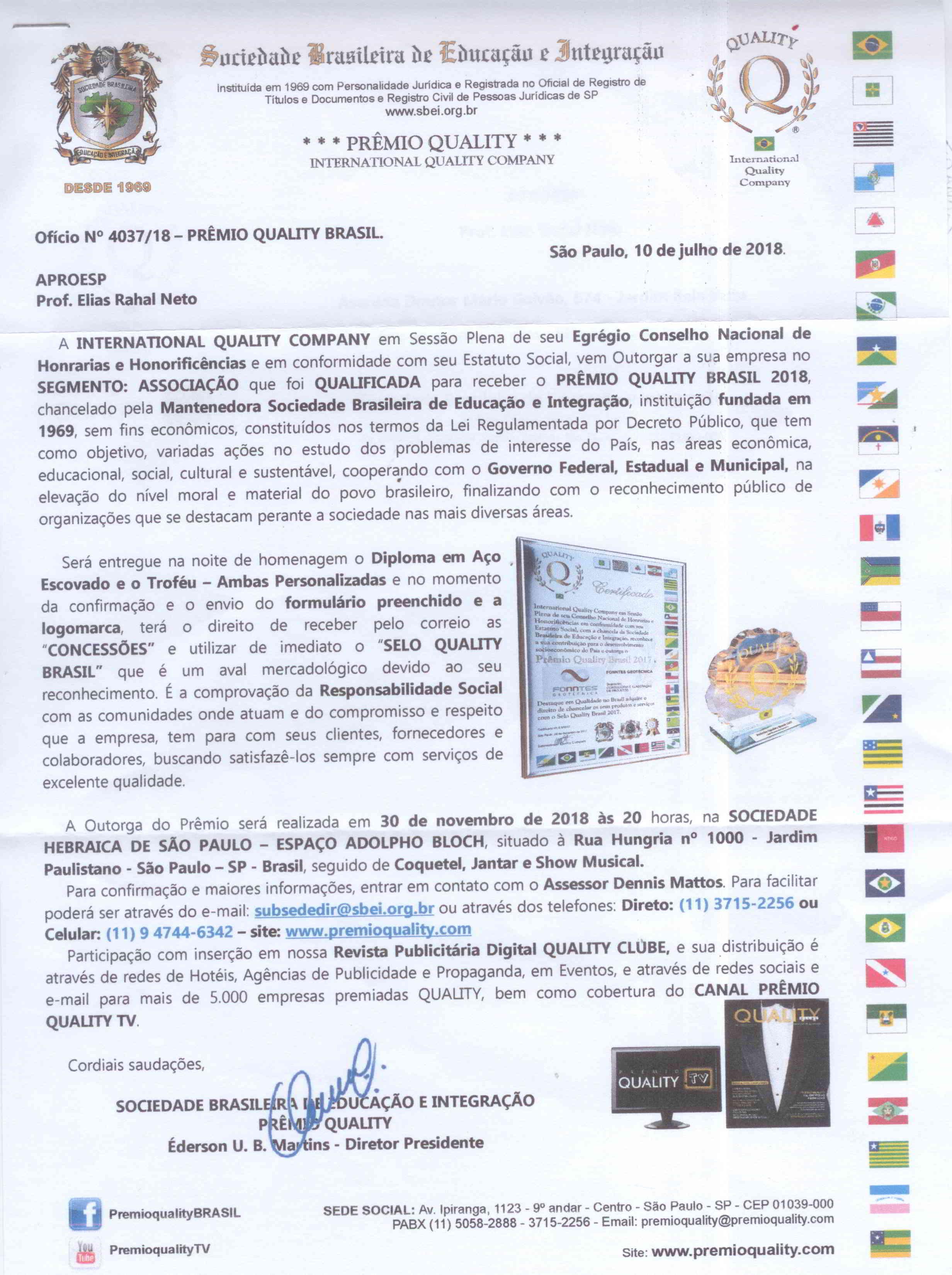 Aproesp receberá o Prêmio Quality Brasil 2018 em reconhecimento por sua responsabilidade social