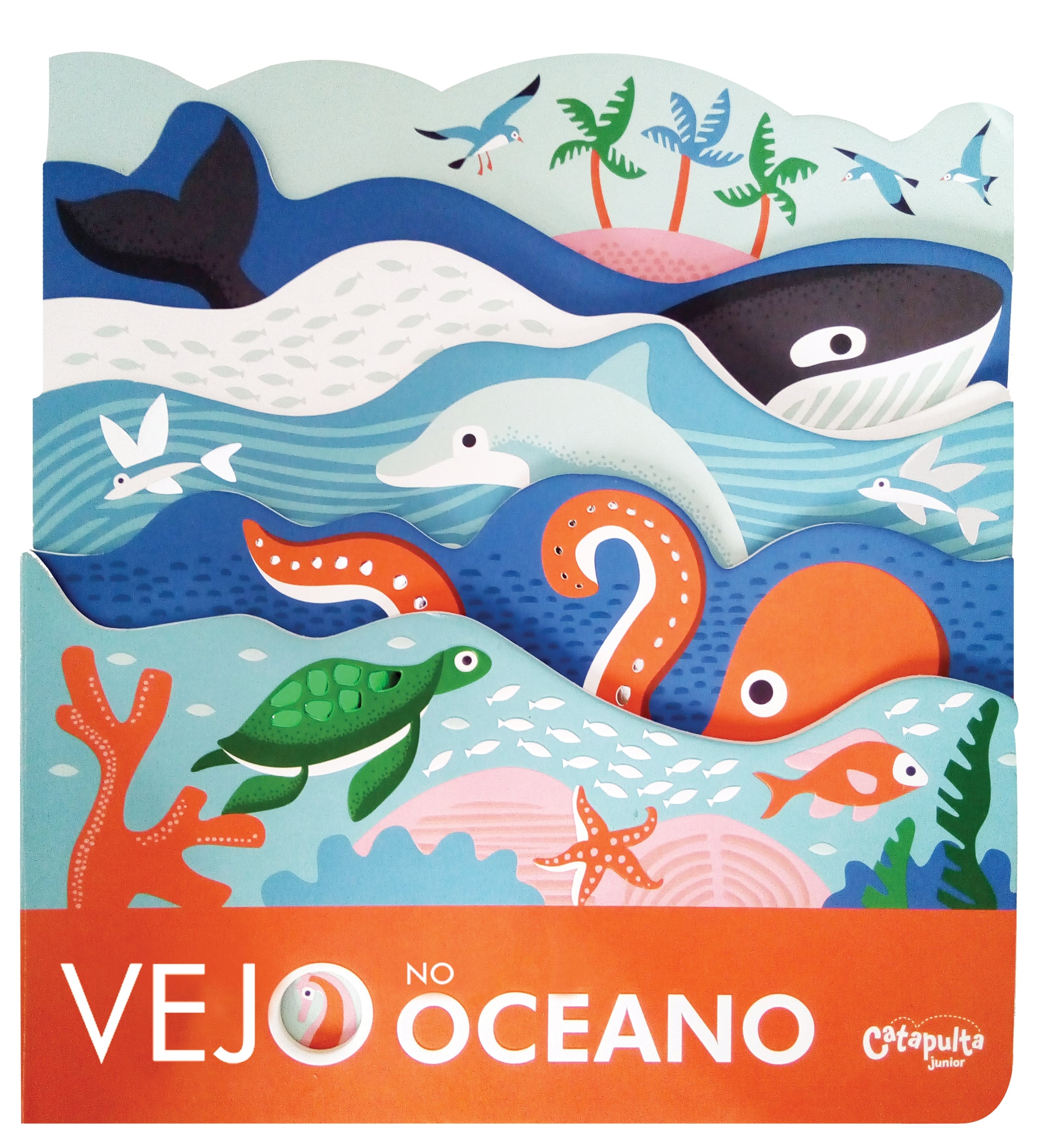 “Vejo no Oceano” traz ilustrações estampadas e páginas cortadas que compõe cada trecho da historinha