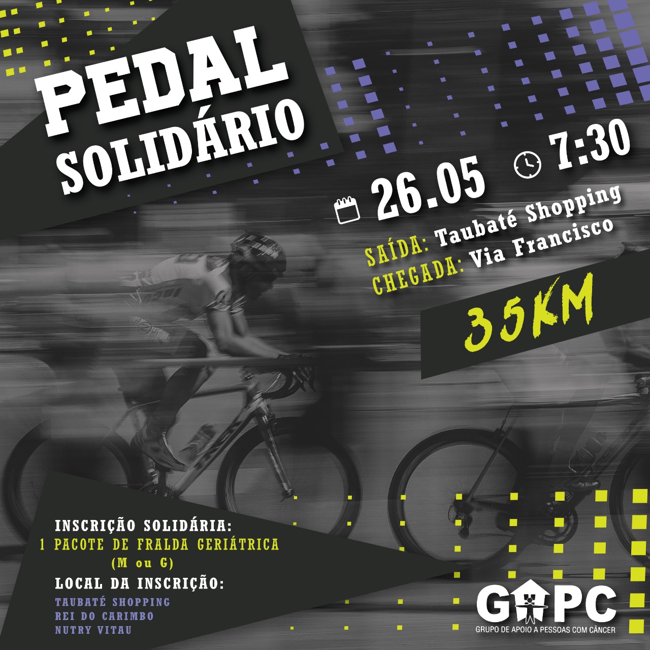 Pedal Solidário em prol do GAPC está com inscrições abertas no Taubaté Shopping