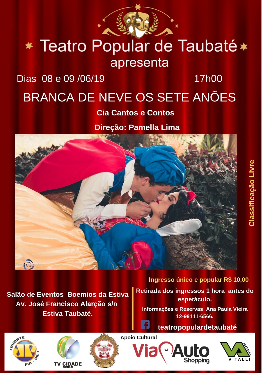 Branca de Neve e os 7 Anões, espetáculo infantil da Cia Teatral Cantos e Contos se apresenta no Salão de Eventos da Boêmios da Estiva