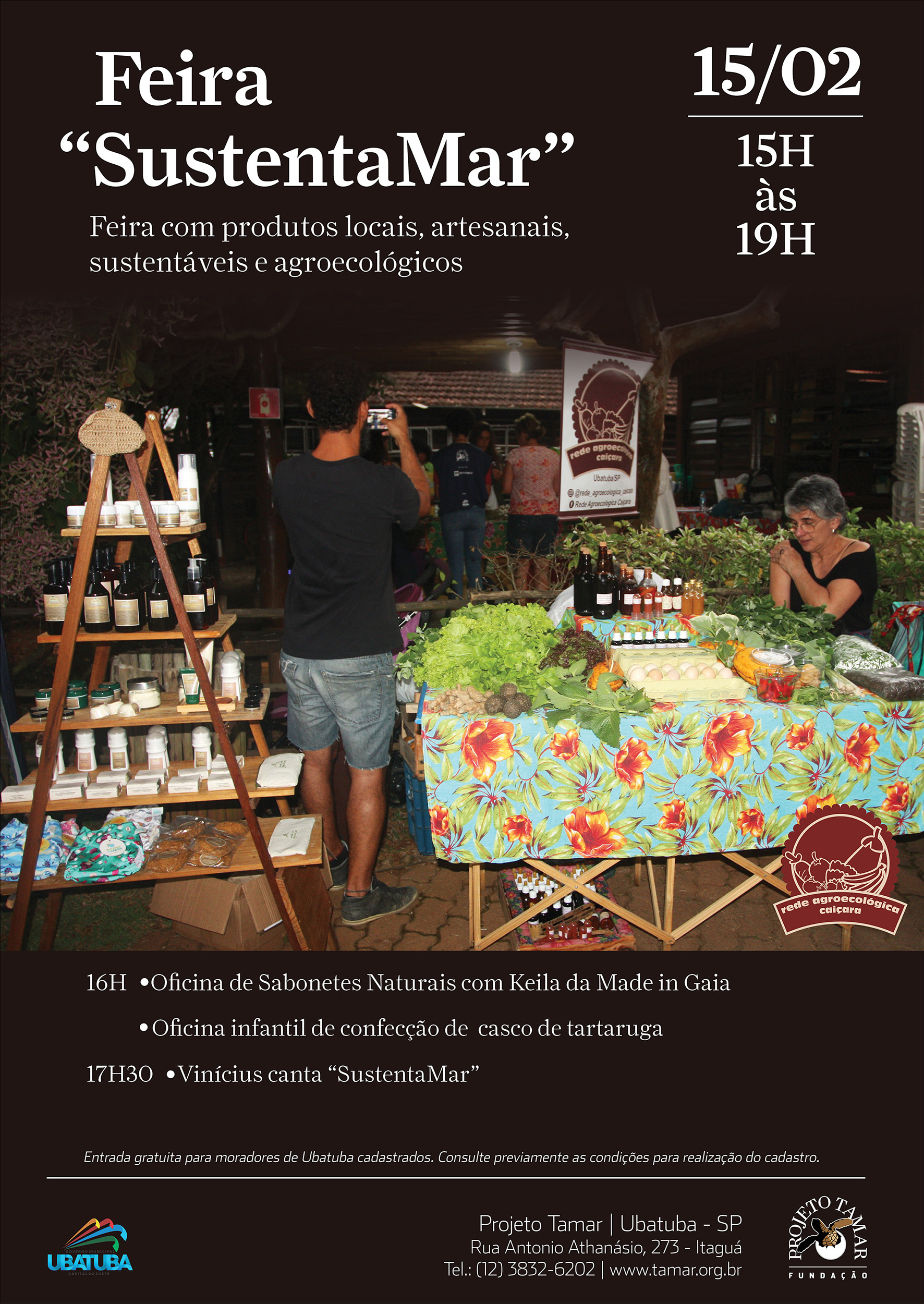 Feira sustentável no Projeto Tamar com produtos locais, artesanais e agroecológicos