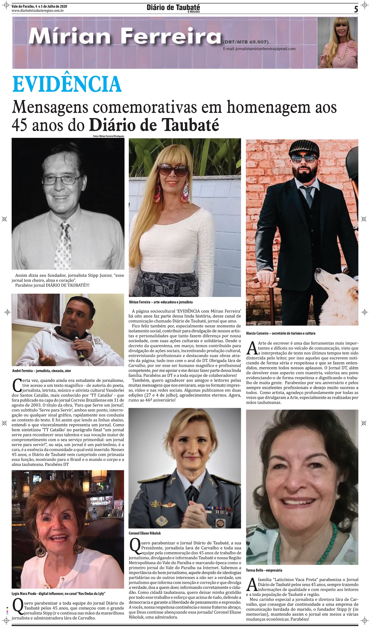 Evidência – Mensagens comemorativas em homenagem aos  45 anos do Diário de Taubaté