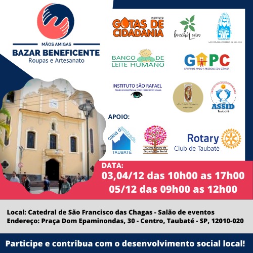 Bazar Beneficente Mãos Amigas acontece na próxima semana em Taubaté
