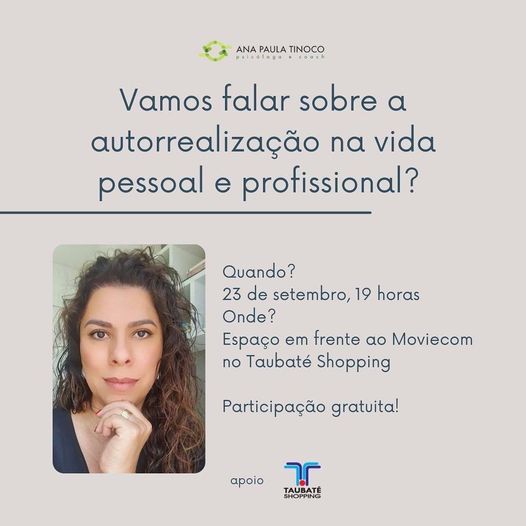 Estratégia para autorrealização é tema de palestra gratuita no Taubaté Shopping nesta quinta-feira, 23