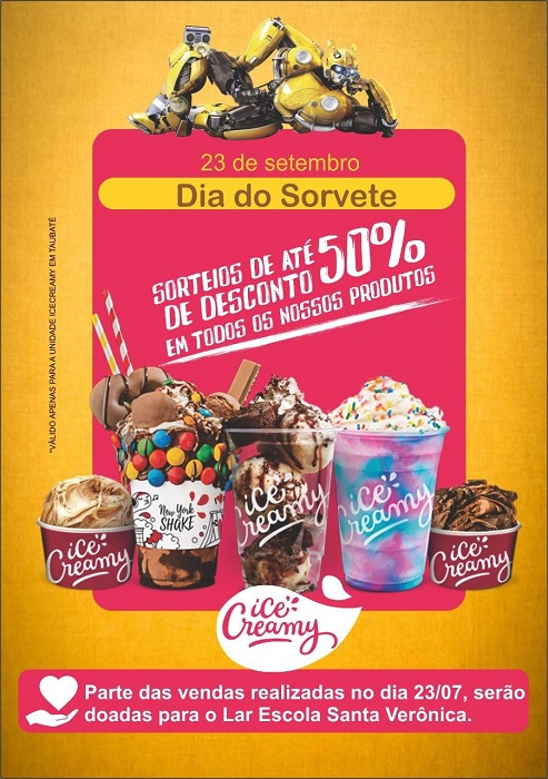 Dia Nacional do Sorvete: franquia Ice Creamy distribuirá sorvetes de graça nesta quinta-feira, 23, no Taubaté Shopping