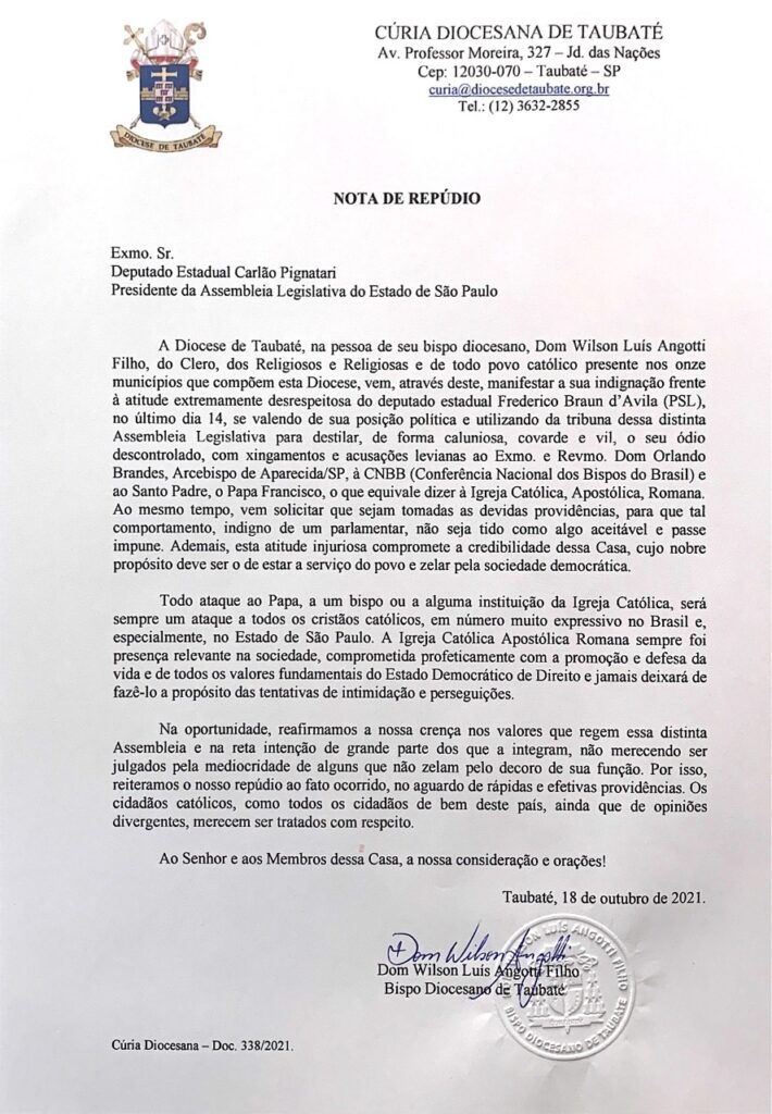 Diocese de Taubaté publica nota de repúdio ao pronunciamento do deputado estadual Frederico Braun d’Avila (PSL)