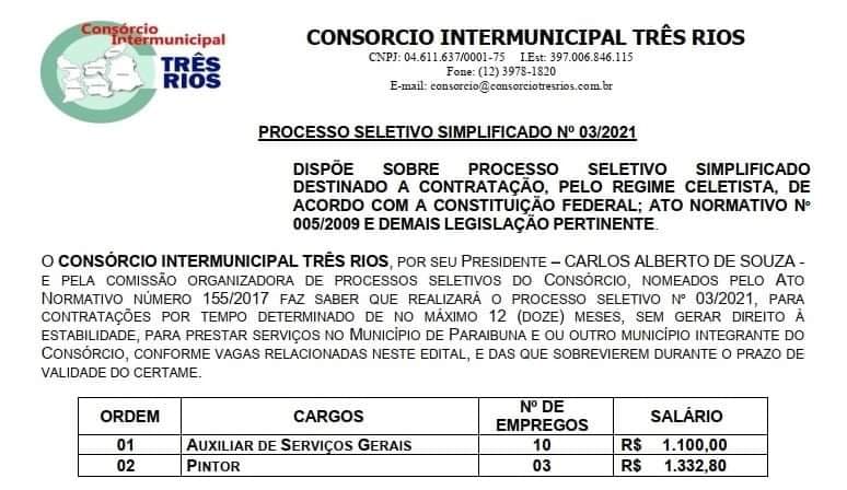 Consórcio Três Rios realizará Processo Seletivo simplificado para vagas de emprego em Paraibuna