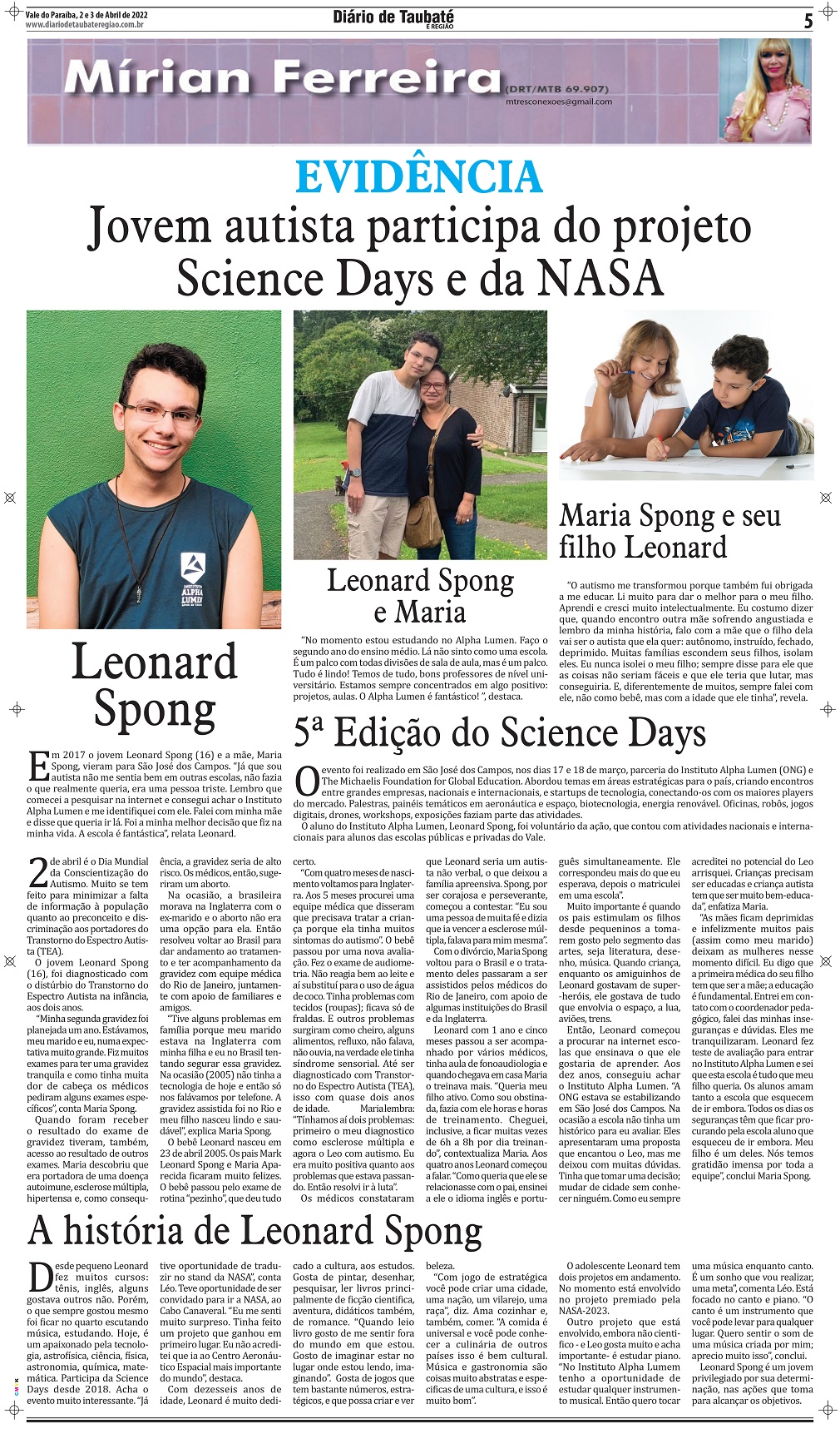 Evidência – Jovem autista participa do projeto Science Days e da NASA Leonard Spong