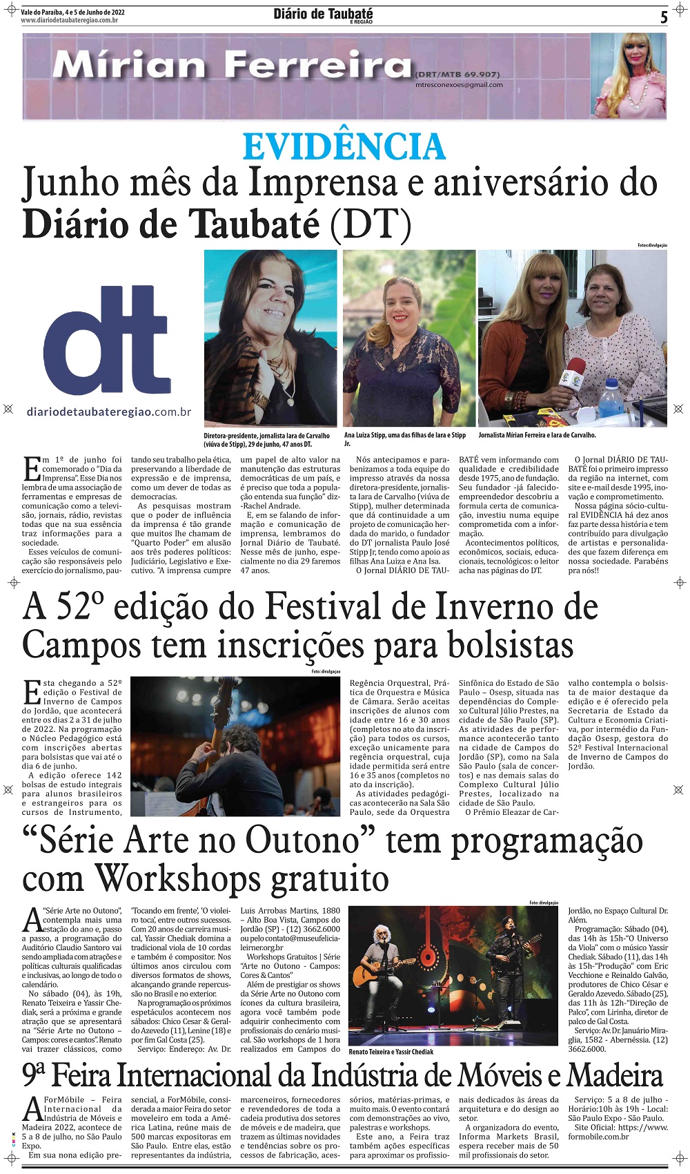 Evidência – Junho, mês da Imprensa e aniversário do Diário de Taubaté (DT)