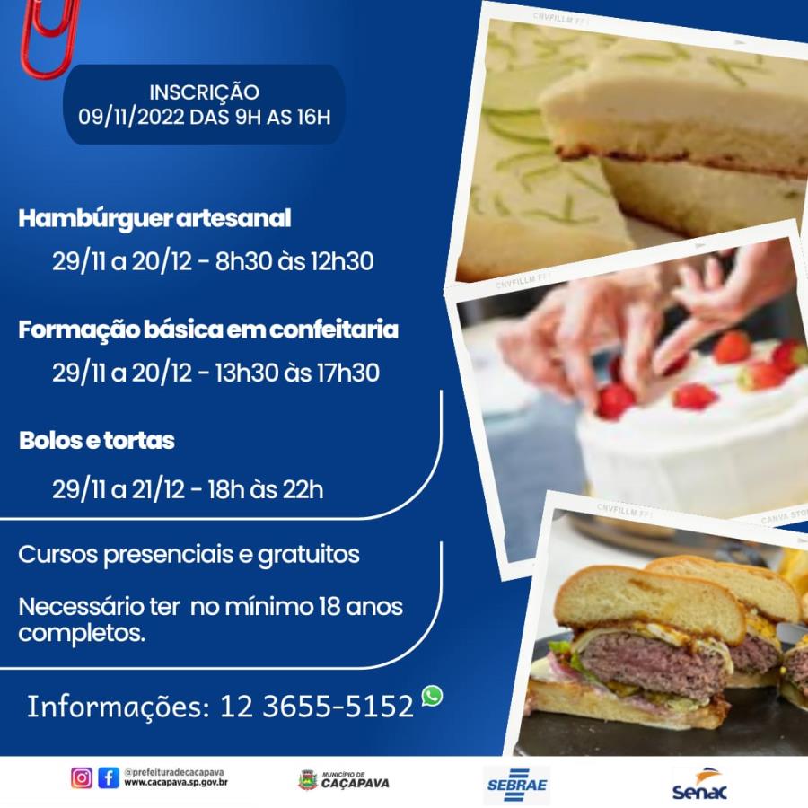 Inscrições abertas para três cursos gratuitos na área de Culinária em Caçapava