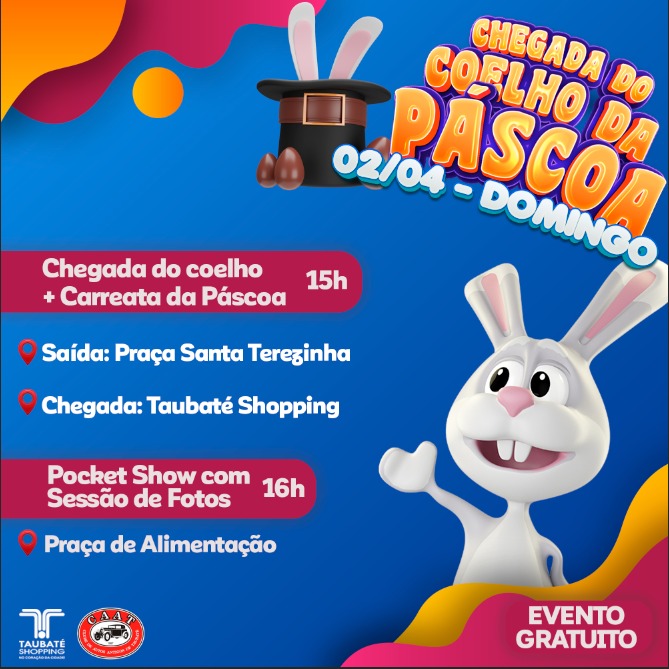 Coelhinho da Páscoa chegará ao Taubaté Shopping em carreata de veículos antigos neste domingo, 2