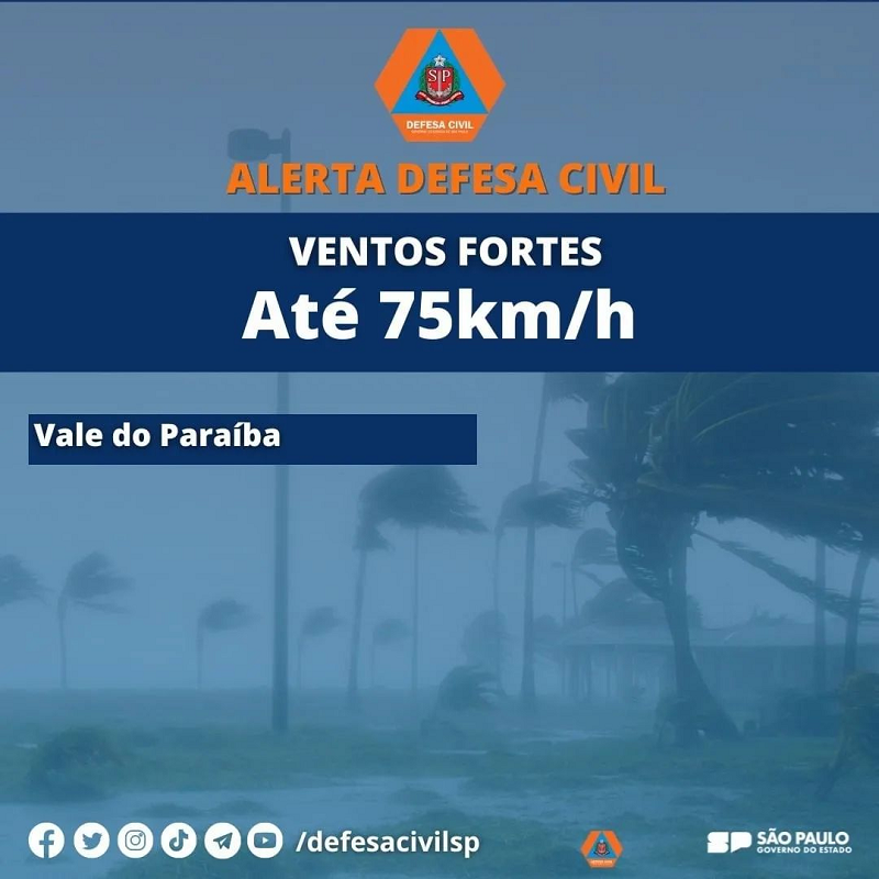 Defesa Civil de Taubaté alerta população sobre fortes ventos nesta sexta