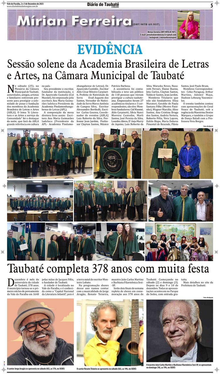 Evidência – Sessão solene da Academia Brasileira de Letras e Artes, na Câmara Municipal de Taubaté