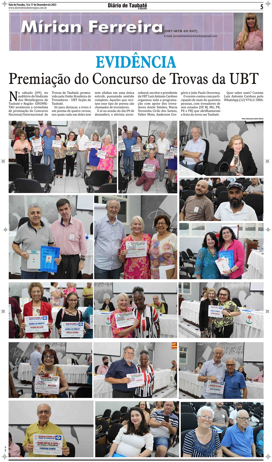 Evidência – Premiação do Concurso de Trovas da UBT