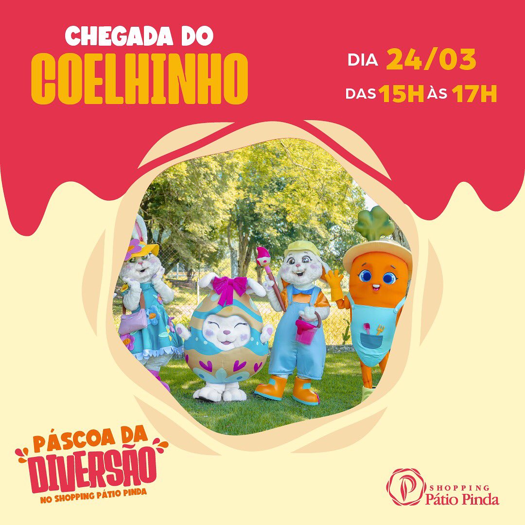 Páscoa Shopping Pátio Pinda: chegada do coelhinho e sua turma acontece neste domingo