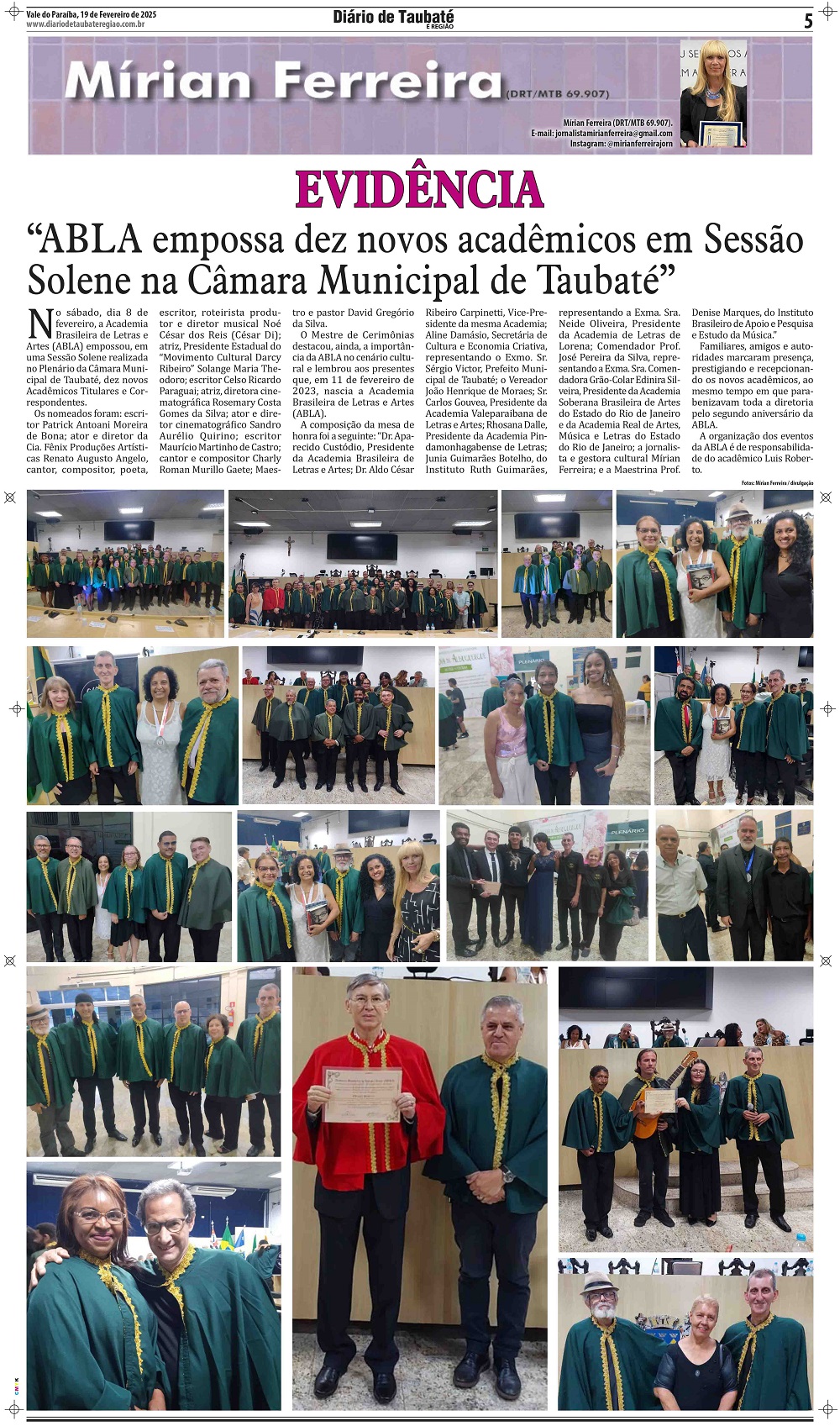 Evidência – “ABLA empossa dez novos acadêmicos em Sessão Solene na Câmara Municipal de Taubaté”