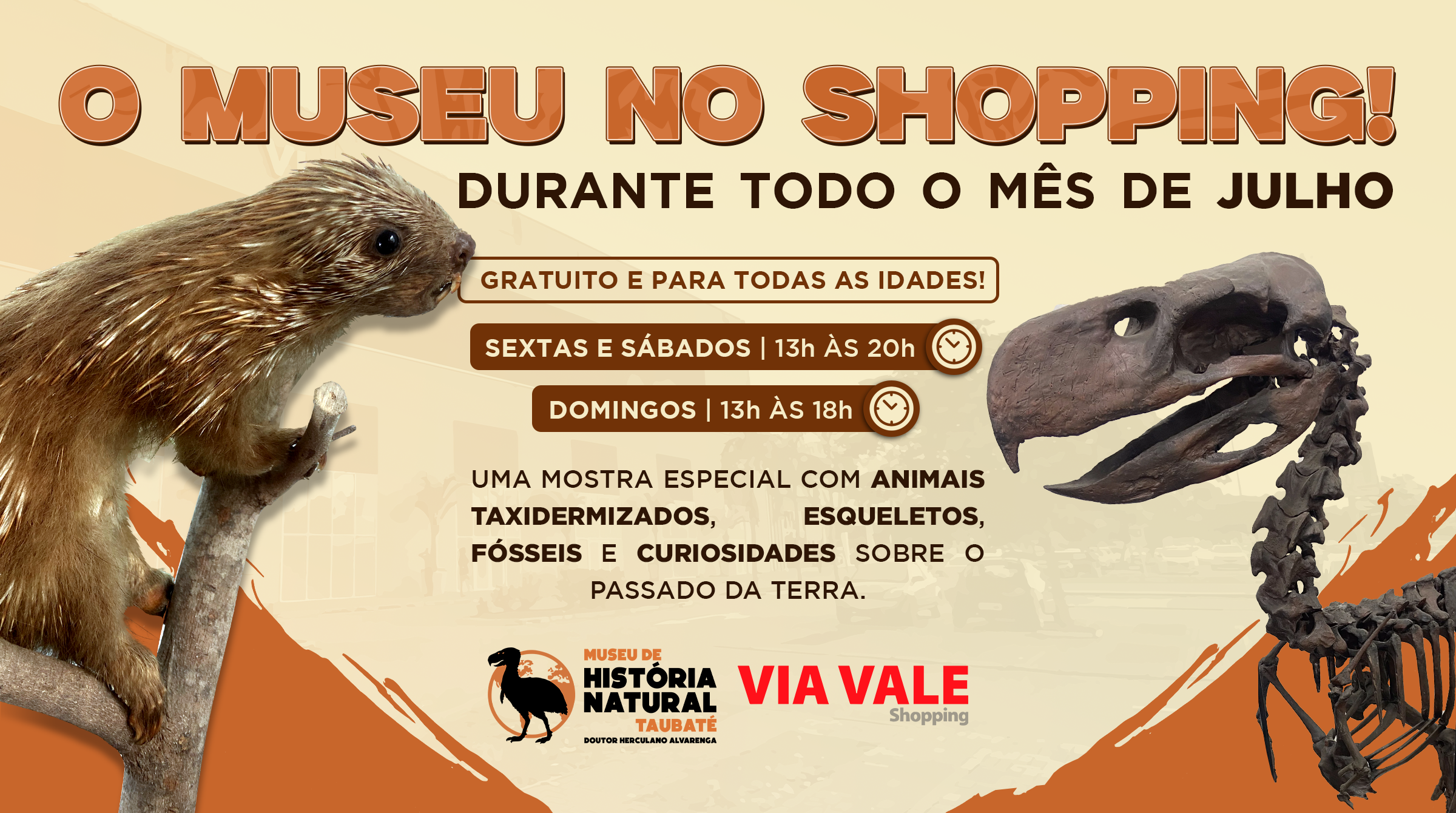 Via Vale recebe mostra especial do Museu de História Natural de Taubaté durante as férias de julho