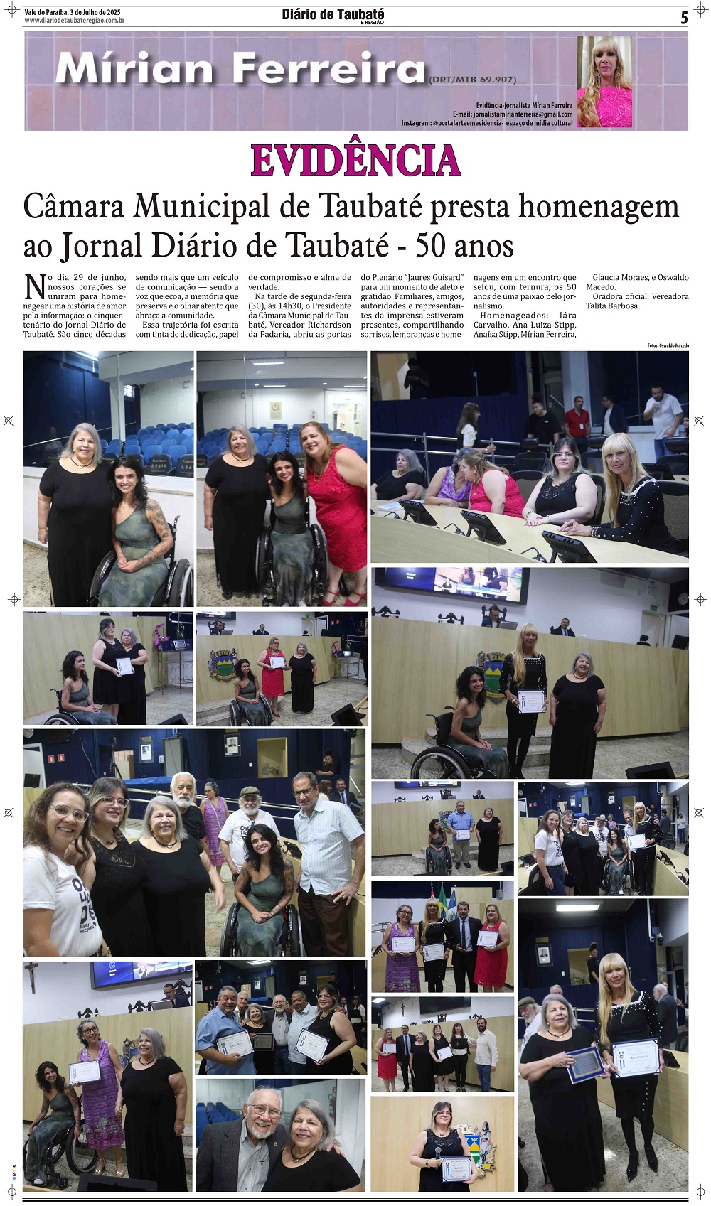 Evidência – Câmara Municipal de Taubaté presta homenagem ao Jornal Diário de Taubaté – 50 anos