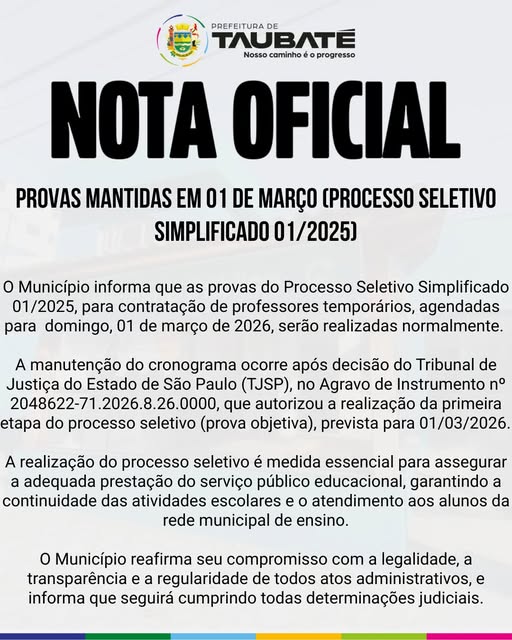 Provas do Processo Seletivo para contratação de professores temporários, agendadas para domingo, 1º de março, serão realizadas normalmente