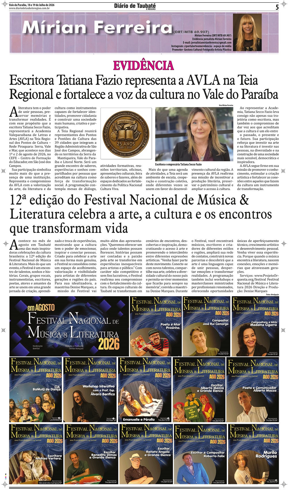 Evidência – Escritora Tatiana Fazio representa a AVLA na Teia Regional e fortalece a voz da cultura no Vale do Paraíba